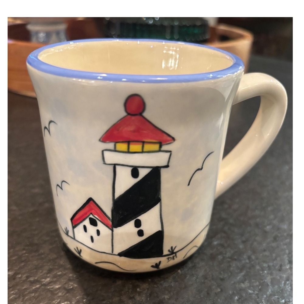 Buckeye Stoneware Lighthouse Coffee Mug Hand Painted Zanesville Ohio Nautical